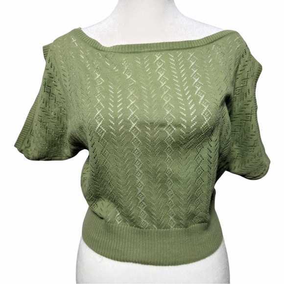 Olive Green Pointelle Cropped Knit Top – 100% Cotton - Picture 2 of 7